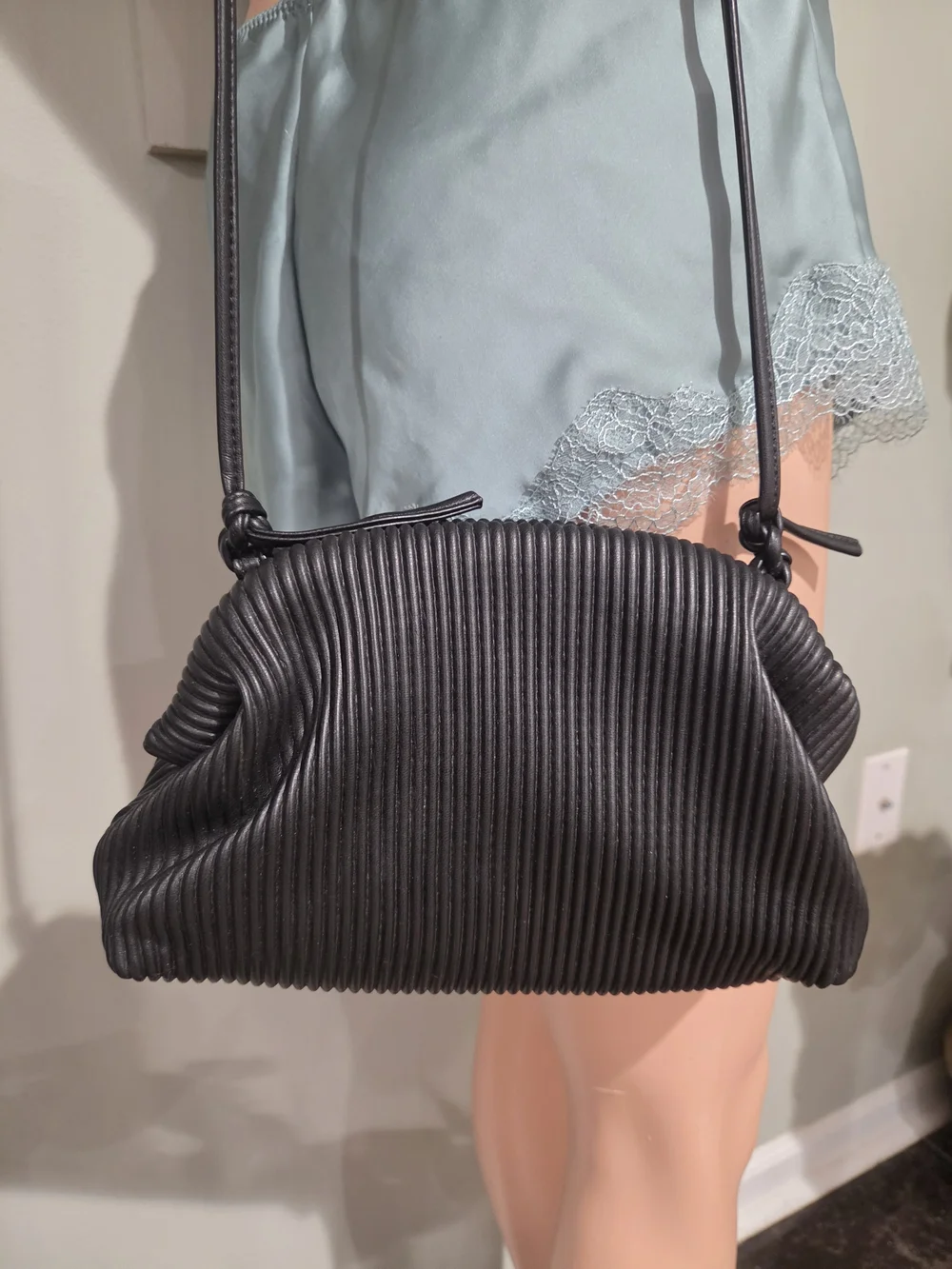 KingTo Black Ribbed Vegan Leather Cloud Crossbody Bag